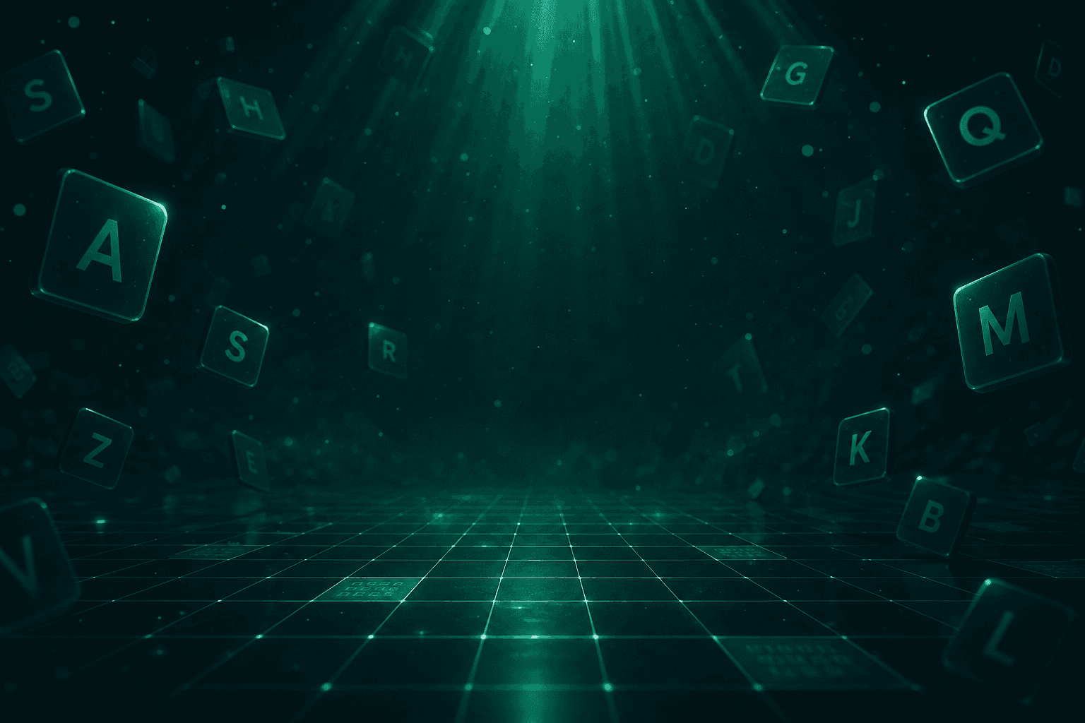 Dark teal competitive arena with floating letter tiles and green light