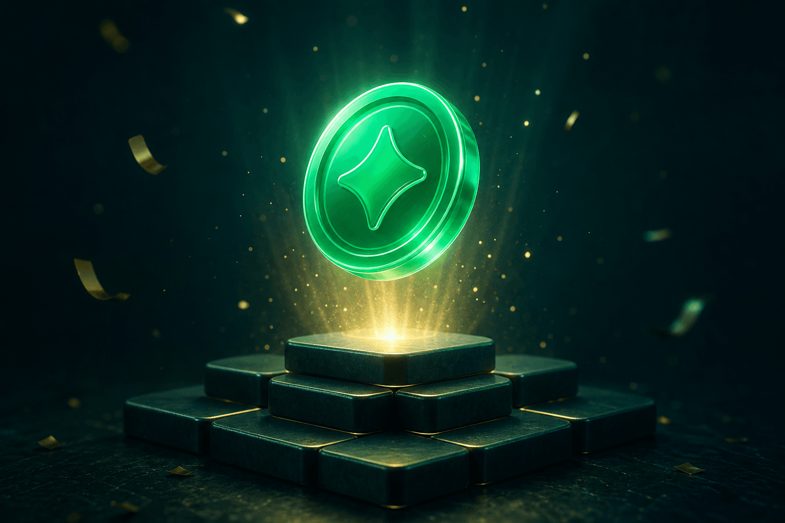 Glowing reward token rising from a podium of letter tiles