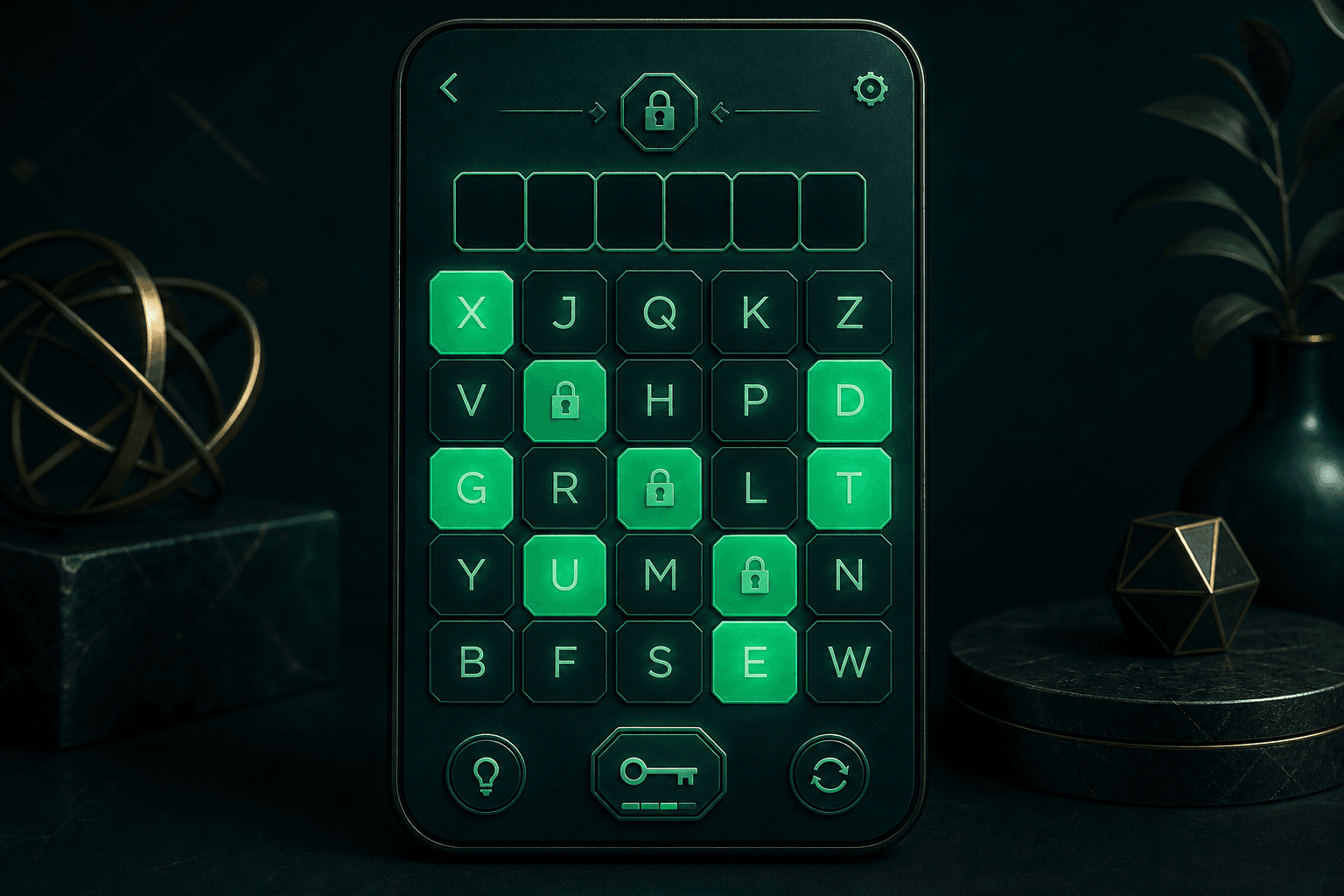 Glowing letter grid puzzle locked on a dark game screen